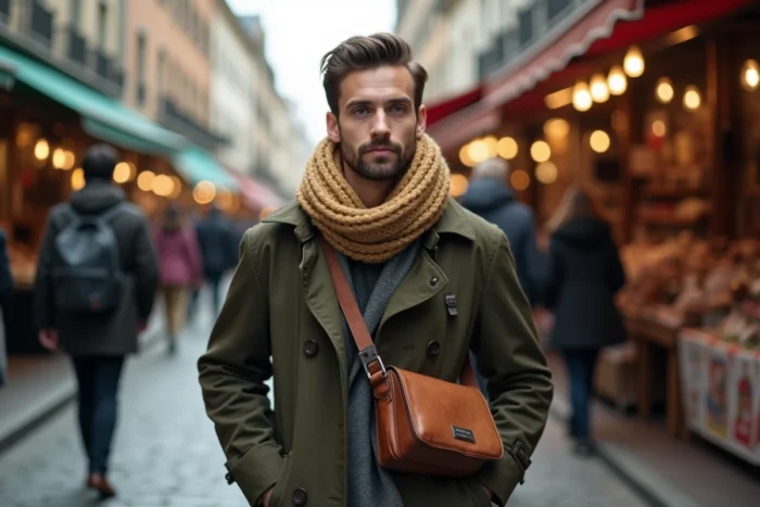 Homme stylé marchant dans un marché de rue avec un manteau trench et des accessoires tendance en camel et cuir
