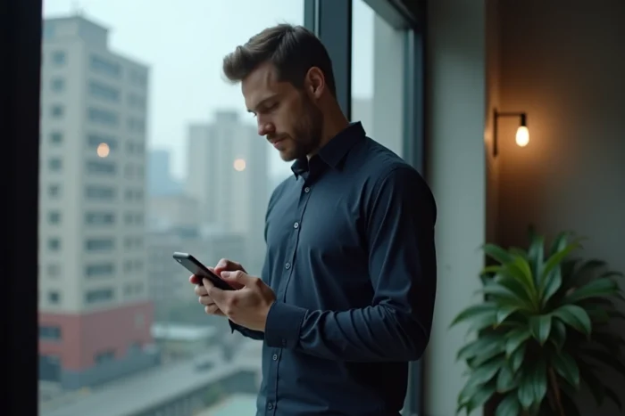 Homme consultant l'application Telegram sur son téléphone pour configurer l'envoi d'une photo en mode éphémère dans un appartement moderne