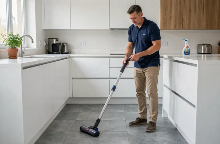 Homme utilisant un aspirateur laveur Tineco dans une cuisine moderne avec un produit Sanytol mousse visible sur le plan de travail