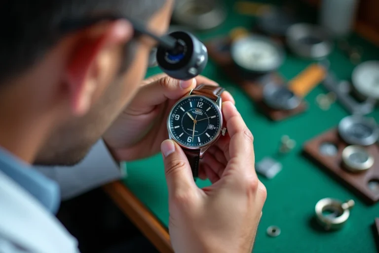 Horloger professionnel inspectant une montre Orient authentique à la loupe sur un établi de réparation