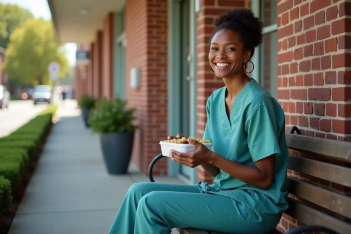 Infirmière en pause déjeuner détendue devant une clinique de quartier, illustrant un métier de la santé avec des horaires adaptés permettant une meilleure qualité de vie au travail
