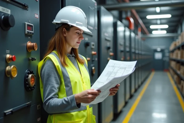 Ingénieure en chauffage analysant les schémas techniques d'une installation de chaudière industrielle moderne