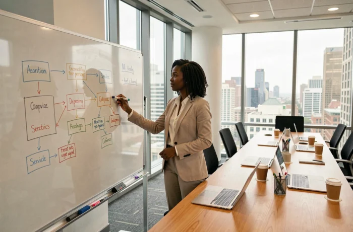 Ingénieure UX expliquant le fonctionnement d'une API SVC sur un tableau blanc dans une salle de réunion moderne