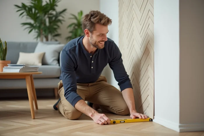 Homme installant des panneaux muraux décoratifs dans un salon moderne, astuce bricolage pour améliorer sa décoration intérieure