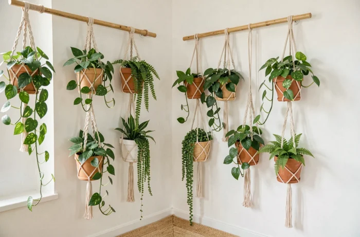 Jardin vertical intérieur avec des plantes en pot suspendues en macramé et céramique contre un mur blanc dans un salon