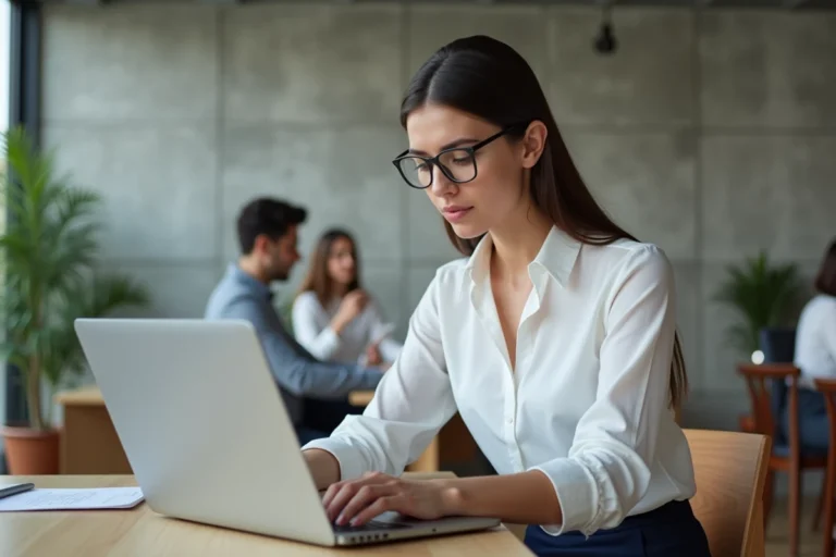 Jeune diplômée en entreprise consultant une plateforme B2B sur son ordinateur portable dans un bureau moderne