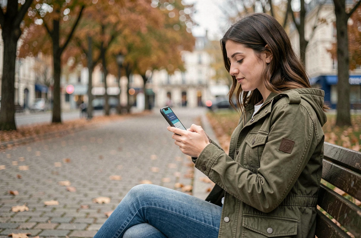 Jeune femme consultant le portail malin La Poste sur smartphone en plein air pour accéder aux aides et dispositifs sociaux disponibles