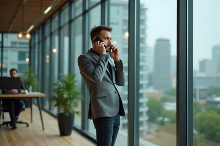 Jeune homme diplômé en espace de coworking passant un appel professionnel dans le cadre d'une opportunité business B2B