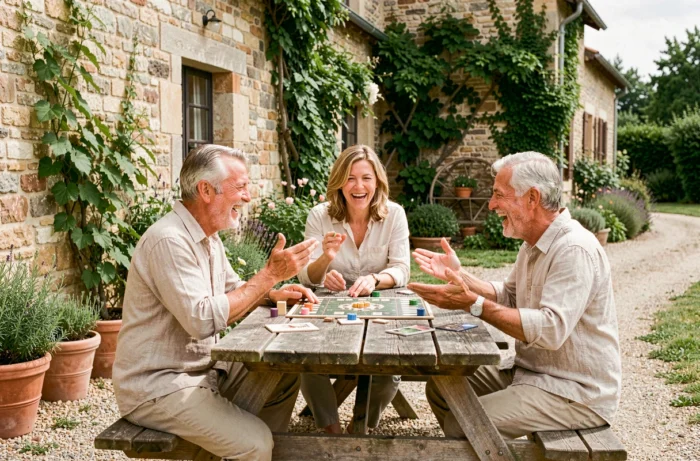 Groupe d'amis adultes jouant à un jeu de société autour d'une table en bois dans un jardin de campagne française, représentant les loisirs conviviaux des Français en 2024