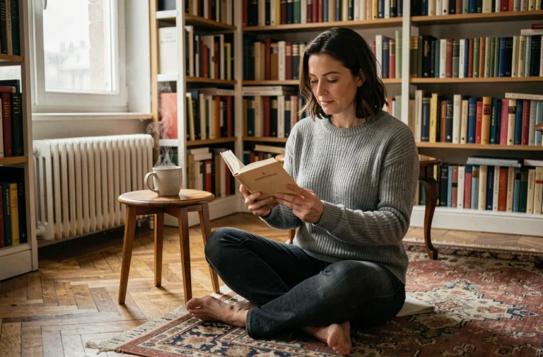 Femme française lisant un livre dans un appartement parisien cosy entouré de bibliothèques, illustrant les loisirs préférés des Français en 2024