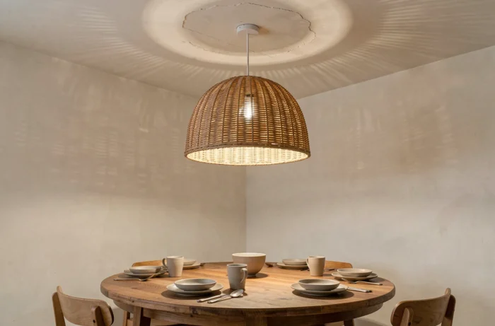 Salle à manger avec une suspension en rotin tressé remplaçant un ancien plafonnier central au-dessus d'une table en bois ronde