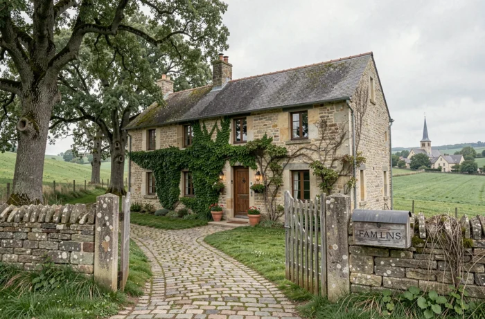 Maison de campagne en pierre typique du terroir français entourée de collines verdoyantes et d'arbres centenaires