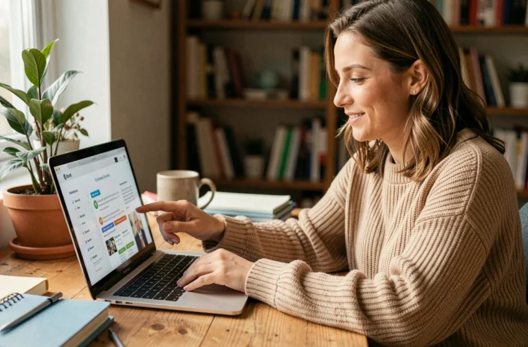 Maman blogueuse naviguant sur la carte de son site web depuis son bureau en bois à la maison