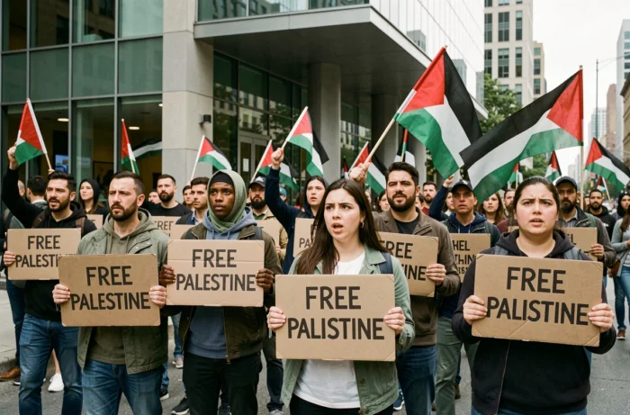 Manifestants pro-palestiniens rassemblés devant un bâtiment médiatique moderne tenant des pancartes et des drapeaux