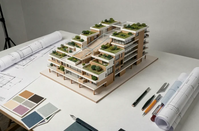 Maquette architecturale détaillée d'un projet immobilier innovant avec toits végétalisés posée sur une table de studio de design