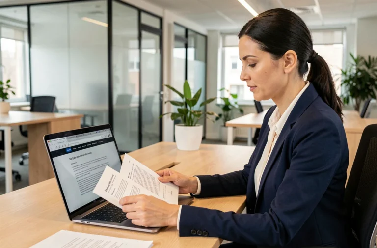 Femme juriste consultant les mentions légales d'un site internet dans un bureau moderne