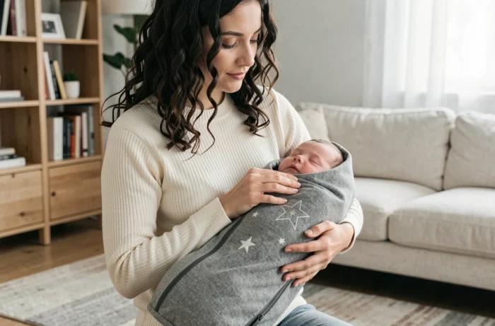 Jeune mère tenant son bébé enveloppé dans une gigoteuse en laine mérinos grise étoilée, décor salon scandinave moderne chaleureux