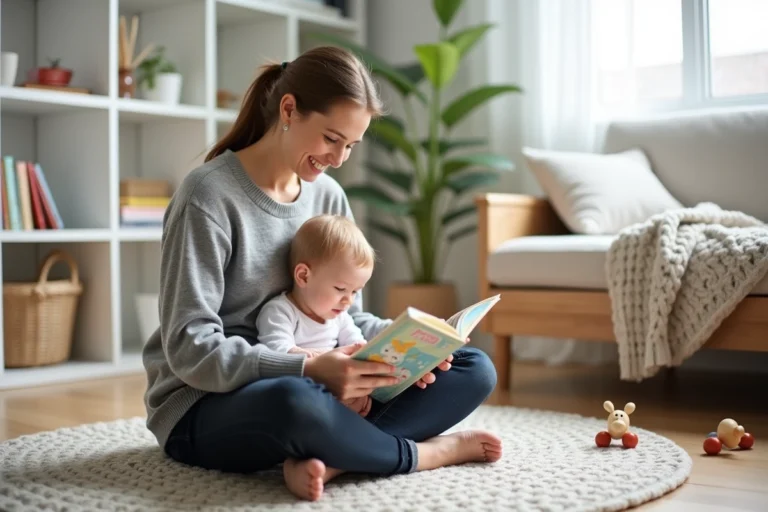 Mère lisant un livre illustré à son tout-petit sur le sol d'un appartement scandinave chaleureux