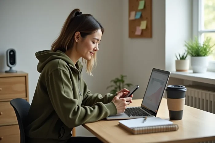Jeune mère consultant une application de conseils parentaux sur son téléphone depuis son bureau à domicile