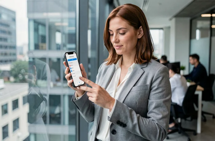 Femme professionnelle paramétrant un compte de messagerie convergente Toulouse sur iPhone en open space