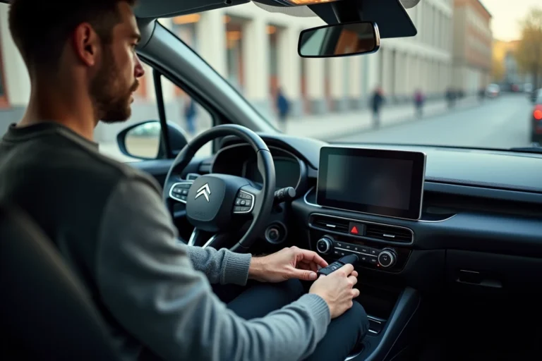 Homme insérant une clé USB dans le port du système GPS Citroën pour effectuer une mise à jour