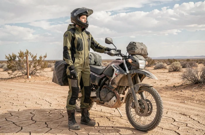 Femme en combinaison moto textile debout à côté d'une moto adventure chargée de sacoches dans un paysage désertique, le regard tourné vers l'horizon