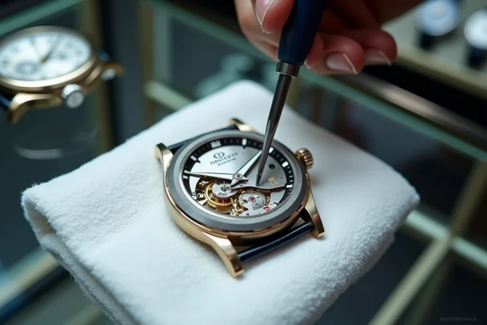 Mouvement mécanique automatique d'une montre Orient authentique exposé lors d'une vérification en boutique agréée