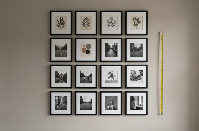 Mur de cadres avec une grille régulière de 12 tableaux en cadres noirs assortis dans un salon