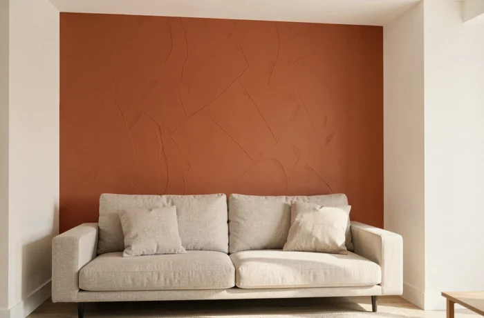 Salon avec un mur d'accent en couleur terracotta saturée contrastant avec des murs blancs et un canapé en lin neutre