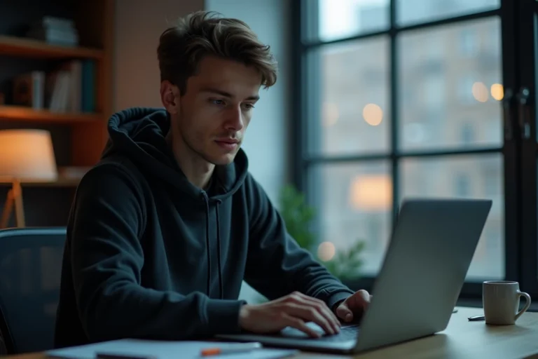 Jeune homme naviguant anonymement sur internet depuis son bureau à domicile avec un VPN