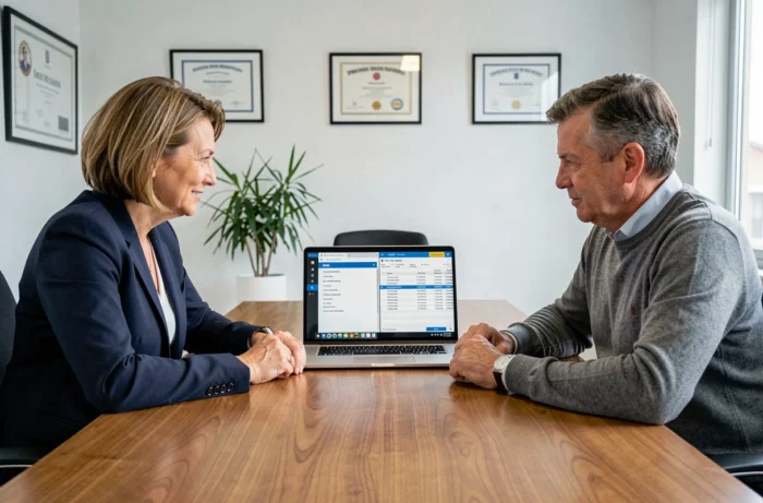 Notaire et client examinant une interface de registre cadastral et une base de données d'adresses postales sur un ordinateur portable dans un cabinet notarial