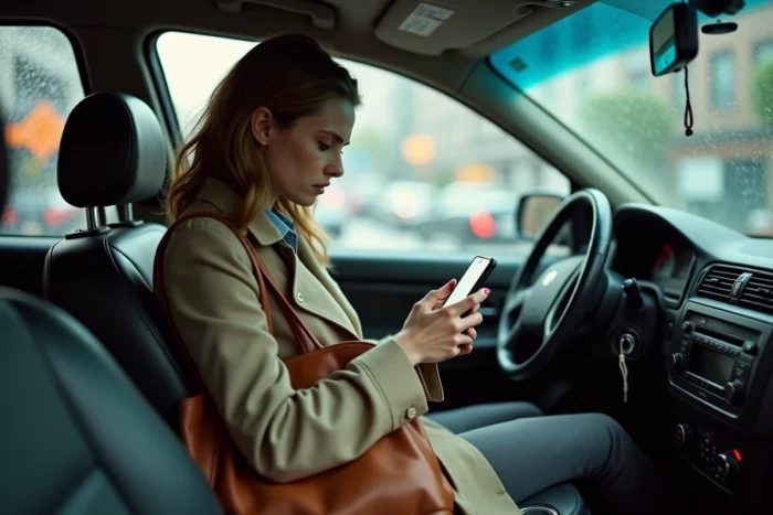 Passagère frustrée assise dans un taxi à l'arrêt, consultant son téléphone sous la pluie, illustrant une situation de panne en taxi