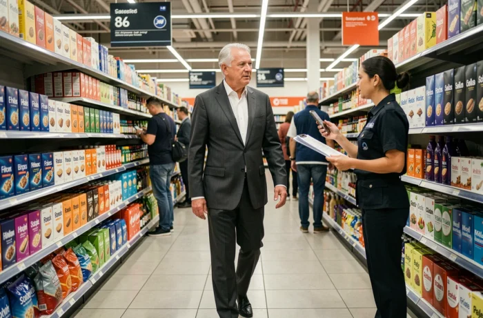 PDG de coopérative de supermarché marchant dans un rayon de grande surface, évoquant le rôle de dirigeant chez Super U