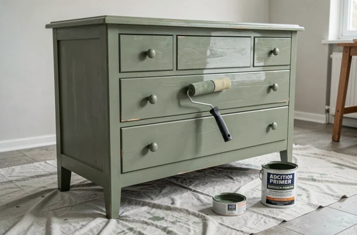 Commode en bois en cours de peinture vert sauge avec un primaire d'accroche sans ponçage, rouleau et pot de primaire visibles