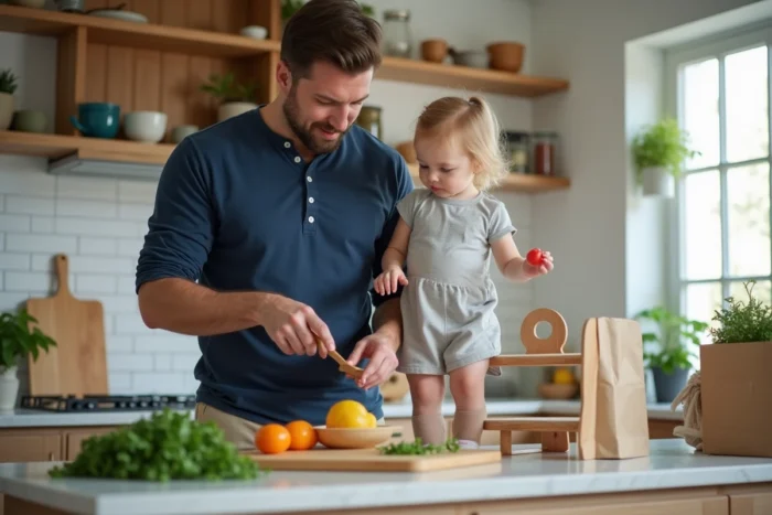 Père et sa fille cuisinant ensemble dans une cuisine moderne, partageant un moment du quotidien familial