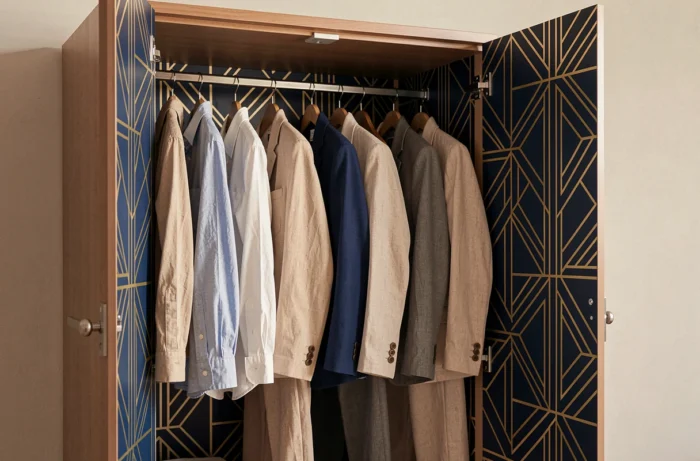 Intérieur de placard transformé avec du papier peint adhésif géométrique bleu marine et or visible derrière des vêtements suspendus