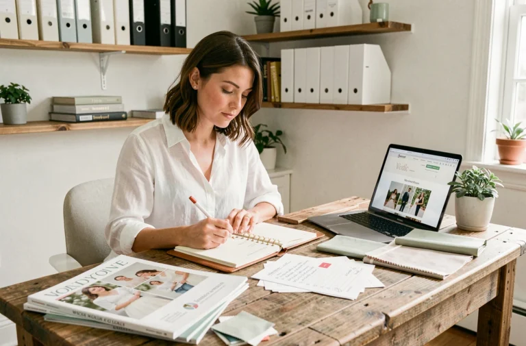 Jeune femme planifiant son mariage à un bureau avec magazines, listes et ordinateur portable