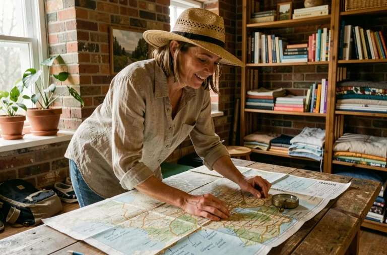 Femme planifiant un voyage alternatif avec une carte papier et une boussole dans un auberge de jeunesse authentique
