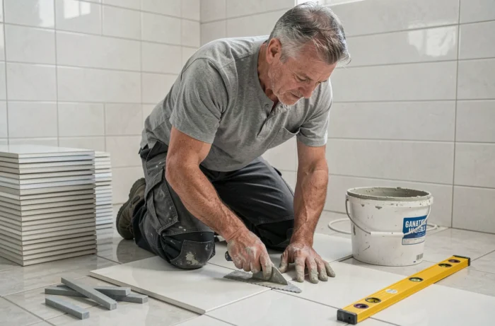 Homme posant des carreaux de céramique dans une salle de bain en cours de rénovation