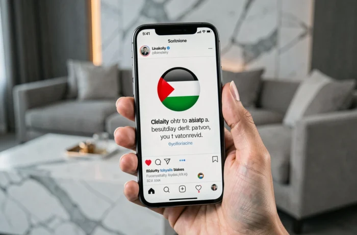 Main féminine tenant un smartphone affichant un message de solidarité avec la Palestine sur les réseaux sociaux