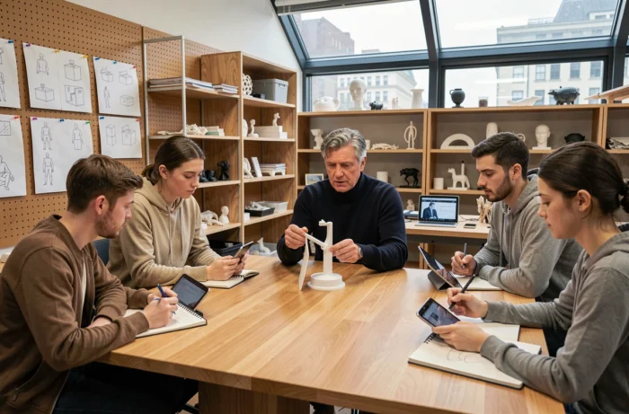Professeur présentant un prototype imprimé en 3D à des étudiants dans un atelier de design collaboratif et technologique