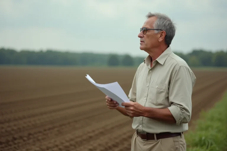 Propriétaire foncier tenant un document juridique au bord d'un champ agricole en vue d'une reprise de terrain loué