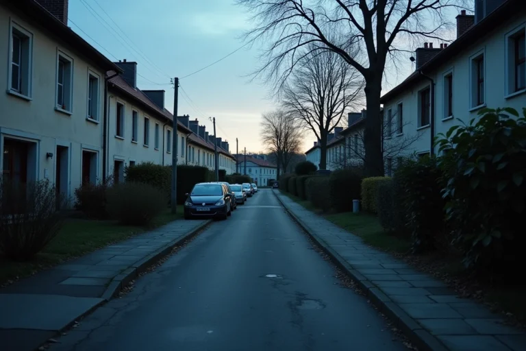 Rue résidentielle déserte au crépuscule dans un quartier de banlieue française à Tassin-la-Demi-Lune