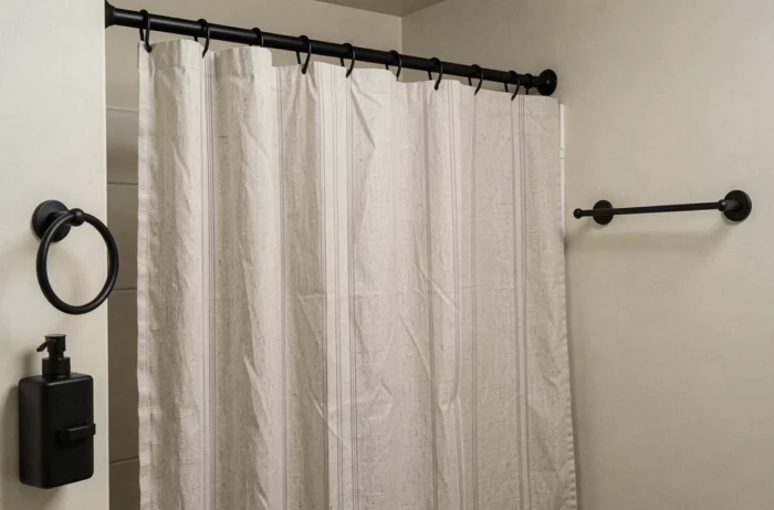 Salle de bain rafraîchie avec un nouveau rideau de douche en lin rayé et des accessoires noirs mats remplaçant les anciens modèles chromés