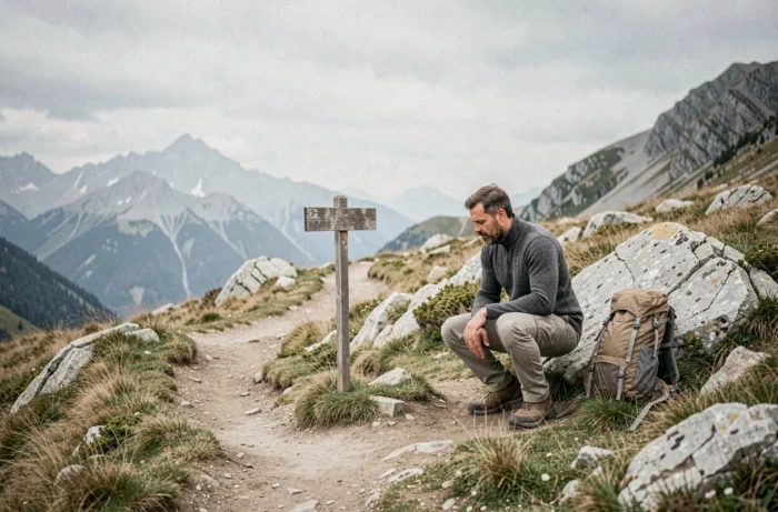 Randonneur examinant un panneau indicateur sur un sentier de montagne isolé lors d'un voyage aventurier