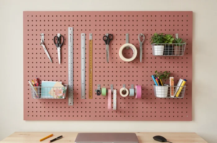 Panneau perforé pegboard rose poussiéreux fixé au mur d'un bureau avec crochets, paniers et fournitures organisées