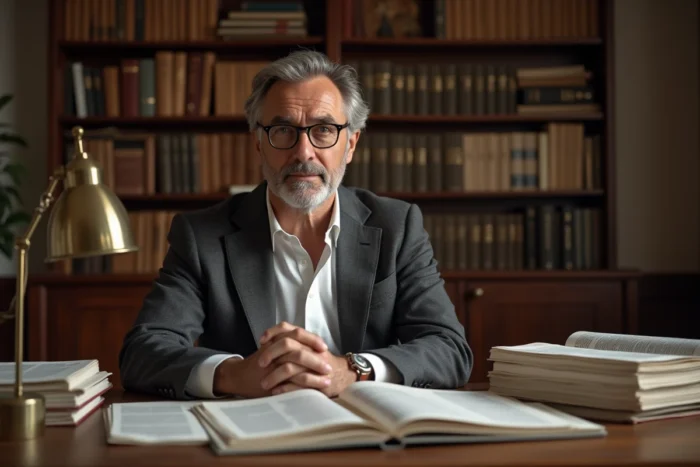 Rédacteur en chef élégant assis à un bureau éditorial entouré de magazines, évoquant le journalisme de presse