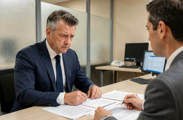 Un homme en costume discute avec un conseiller bancaire au sujet du remboursement anticipé de son prêt immobilier