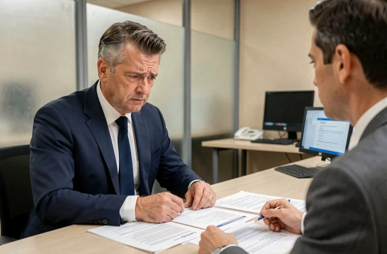 Un homme en costume discute avec un conseiller bancaire au sujet du remboursement anticipé de son prêt immobilier