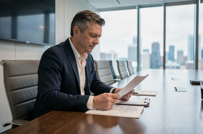 Cadre dirigeant en réunion d'affaires autour d'une table de conférence avec des documents financiers, représentant la rémunération d'un PDG de grande distribution